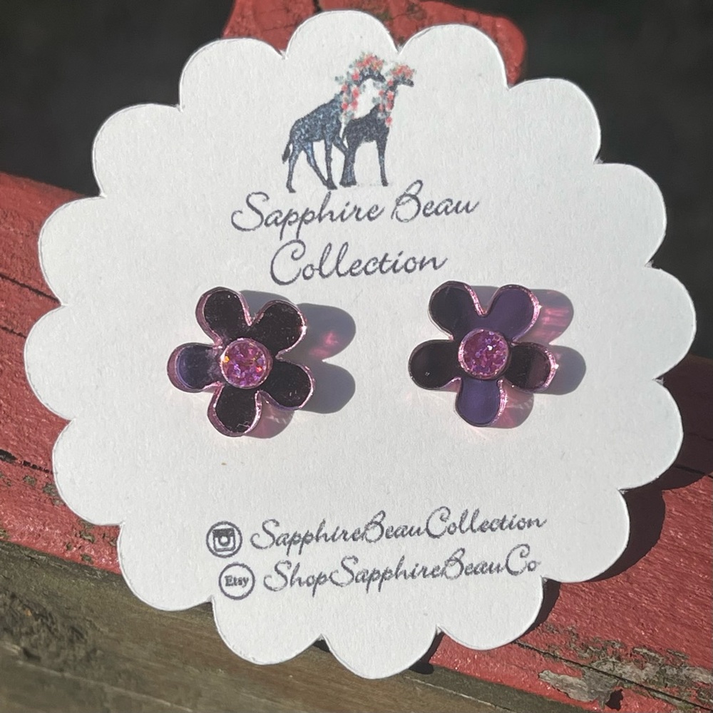 Mirror Magenta Flower Stud Earrings